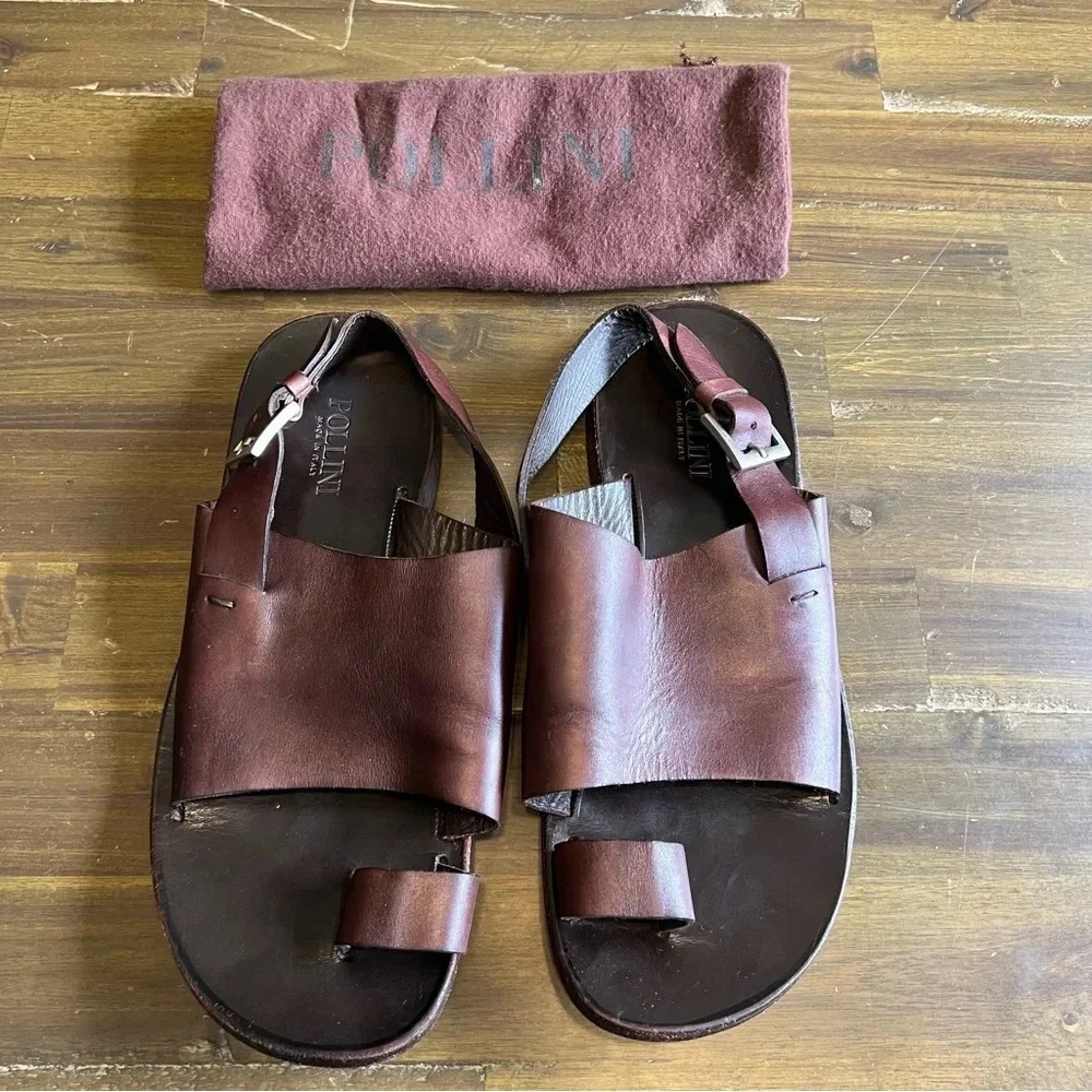 Pollini Men’s Leather Sandals Toe Ring Jesus Jerusalem Dark Brown Dust Bag